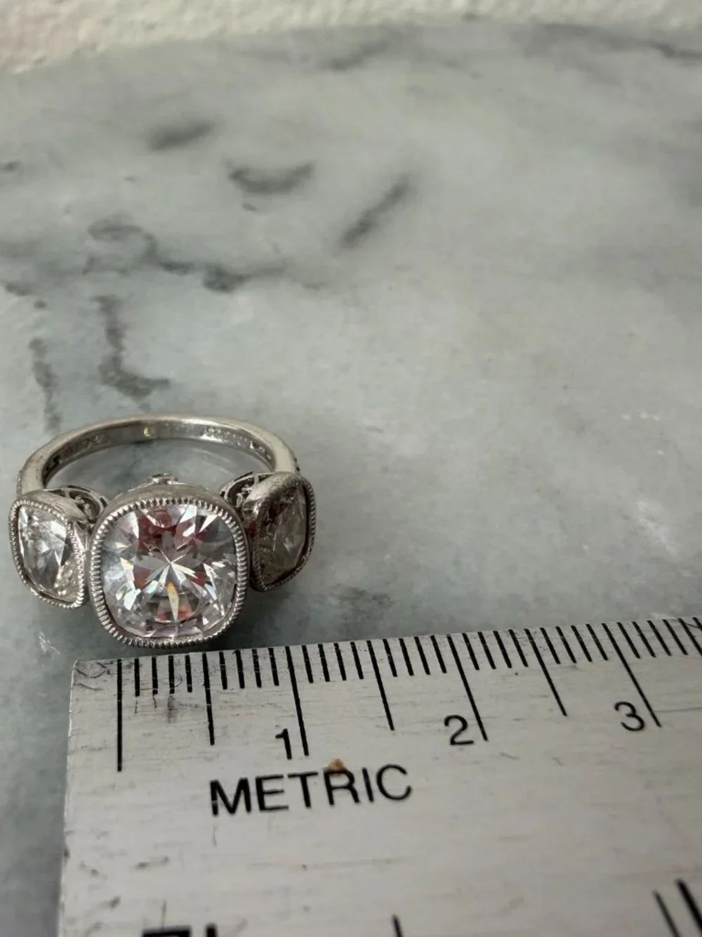 Vintage Jean Dousset Heirloom 925 CZ 3-Stone Mill-grain Cushion Cut Ring - Picture 16 of 17
